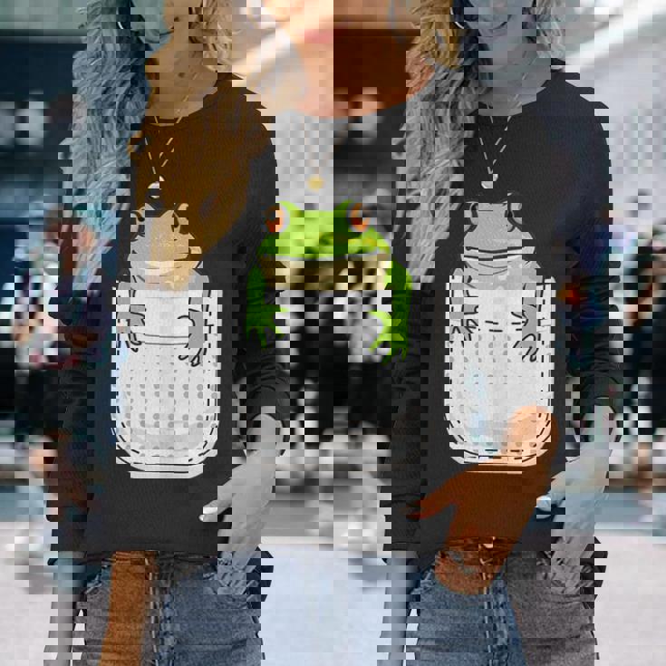 ポケットに入ったカエルのシャツ 面白いカエルのtシャツ カエルの恋人 長袖Tシャツ 彼女への贈り物