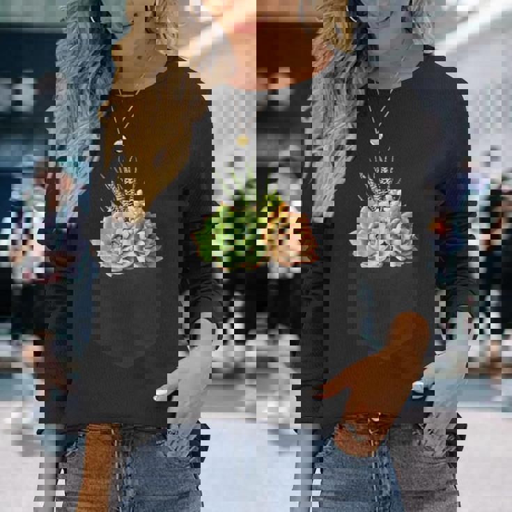 ポケットに入った多肉植物、胸にエケベリアセダム 長袖Tシャツ 彼女への贈り物