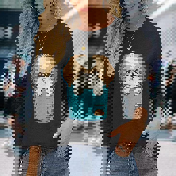 ポケット犬好きにはたまらないシーズー犬 長袖Tシャツ 彼女への贈り物