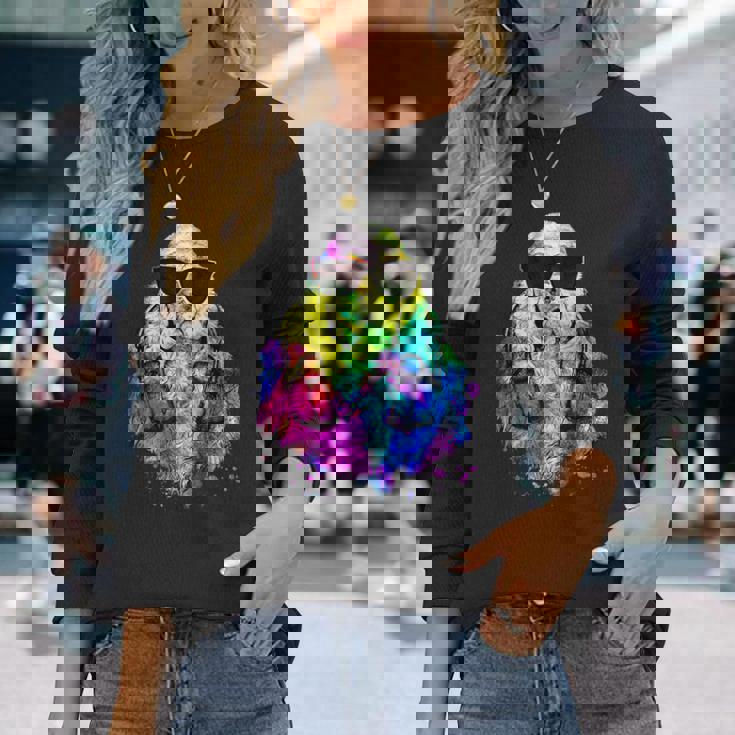 ポップアート アメリカンコッカー スパニエル 犬のポートレート ヘッドフォン付き 長袖Tシャツ 彼女への贈り物