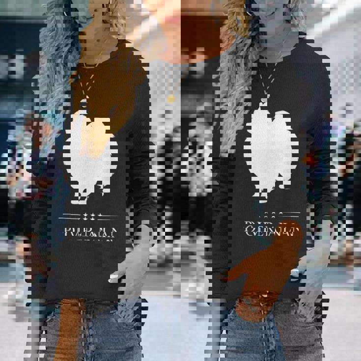 ポメラニアン 犬 ホワイト シルエット 長袖Tシャツ 彼女への贈り物