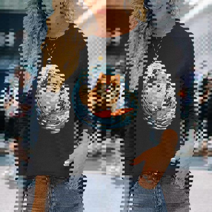 ポメラニアン 面白いtシャツ 犬 イヌ サーフィン 夏 かわいい メンズ 子供 おもしろ 服 グッズ ネタ 長袖Tシャツ 彼女への贈り物