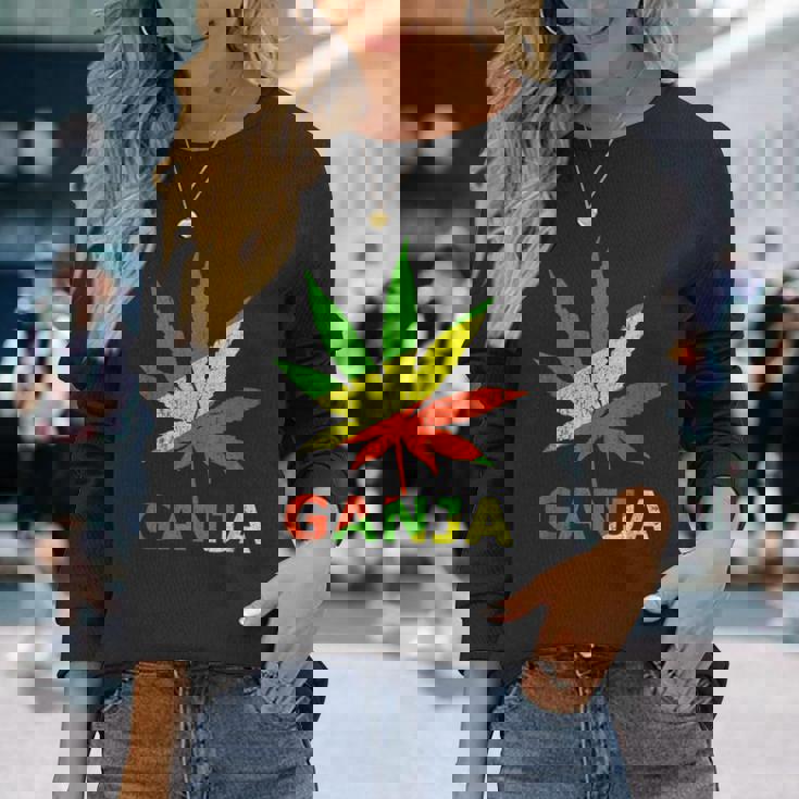 マリファナのガンジャ雑草の葉 ラスタカラー 長袖Tシャツ 彼女への贈り物