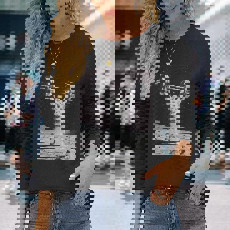 ムーンキャット 筋トレ 猫 フィットネス ジム ウェイトリフティング トレーニング 面白い猫 おもしろ 長袖Tシャツ 彼女への贈り物