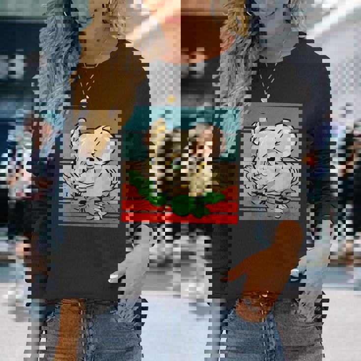 ヤマネ かわいい緑の葉 大きな目 愛らしい甘い動物 長袖Tシャツ 彼女への贈り物