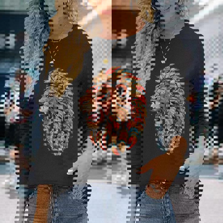 ライオン インディアン 部族 アート ネイティブアメリカン 長袖Tシャツ 彼女への贈り物