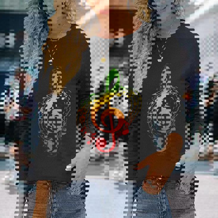 ラスタカラー音符、ジャマイカ風音楽、レゲエ 長袖Tシャツ 彼女への贈り物