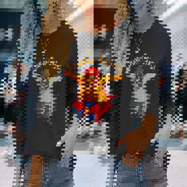 ルチャリブレメキシコ覆面レスラー漫画アクションポーズ 長袖Tシャツ 彼女への贈り物