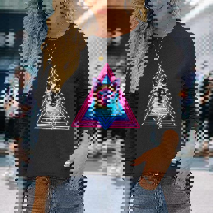 レトロな三角形のピラミッド猫のシャム猫 長袖Tシャツ 彼女への贈り物