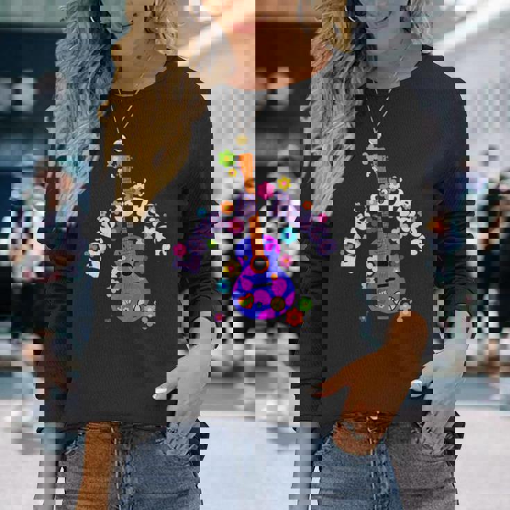 レトロフラワーパワーギター-ラブアンドピース2-ファンファン 長袖Tシャツ 彼女への贈り物