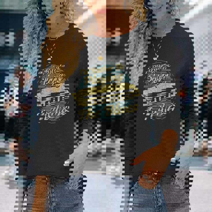 ヴィンテージスタイルの音楽家ハーモニカ ブルース 長袖Tシャツ 彼女への贈り物