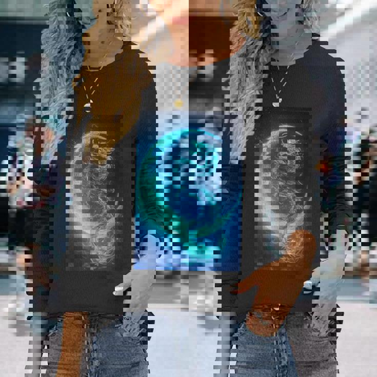 三日月のドラゴン ブルーギャラクシー天文学 アート 長袖Tシャツ 彼女への贈り物