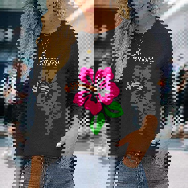 南国沖縄島パラダイス ハイビスカス アートイラスト 長袖Tシャツ 彼女への贈り物