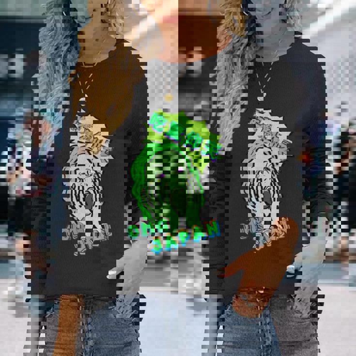 吃驚仰天 グリーン 長袖Tシャツ 彼女への贈り物