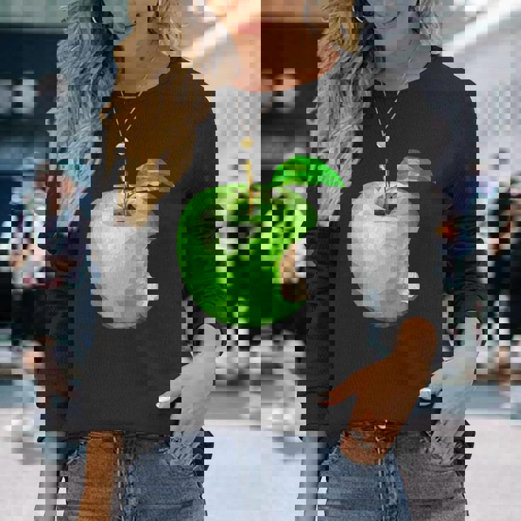 噛まれた青リンゴのイラスト 長袖Tシャツ 彼女への贈り物