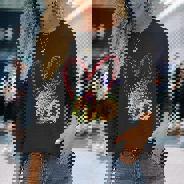 夏の花のデザイン、ひまわり、ラベンダー、アジサイ 長袖Tシャツ 彼女への贈り物