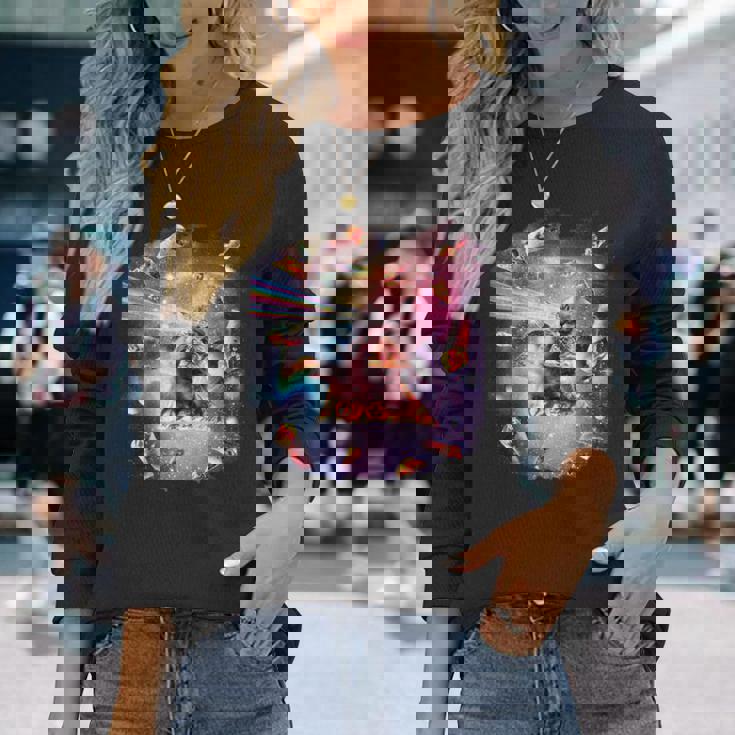 宇宙ピザ猫-レインボーレーザー、タコス、ブリトー 長袖Tシャツ 彼女への贈り物