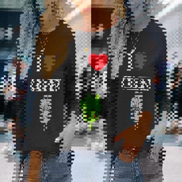 小さな野菜 セロリ ミニマリスト かわいい シンプル セロリ I Love Celery 長袖Tシャツ 彼女への贈り物