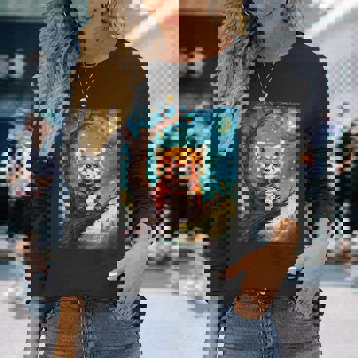 愛らしいレッサーパンダとティーカップの星月夜イラスト 長袖Tシャツ 彼女への贈り物