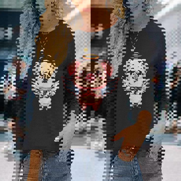 愛らしい天使の豚の漫画とハロー。 長袖Tシャツ 彼女への贈り物