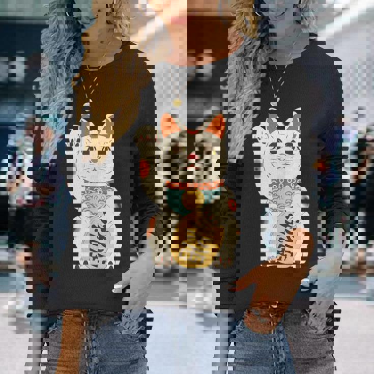 招き猫 日本の招き猫まねき猫日本の幸運猫 長袖Tシャツ 彼女への贈り物