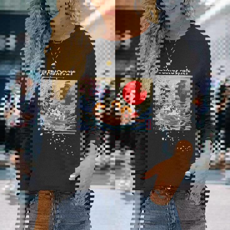 日本 版画 ダッチ デコイ スパニエル デコピン 神奈川の波 海 桜 長袖Tシャツ 彼女への贈り物