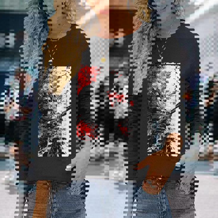 日本のクモユリ 侍 猫 グランジ 浮世絵 アニメアート 長袖Tシャツ 彼女への贈り物