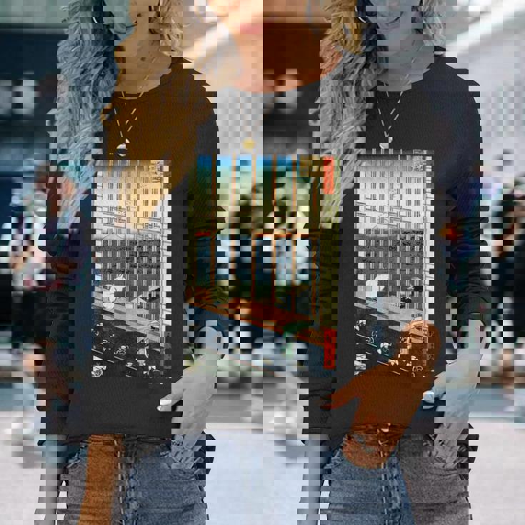 日本のヴィンテージアート 日本美術 浮世絵 日本の 多色刷 木版画 ネコ 猫 富士山 歌川 広重 長袖Tシャツ 彼女への贈り物