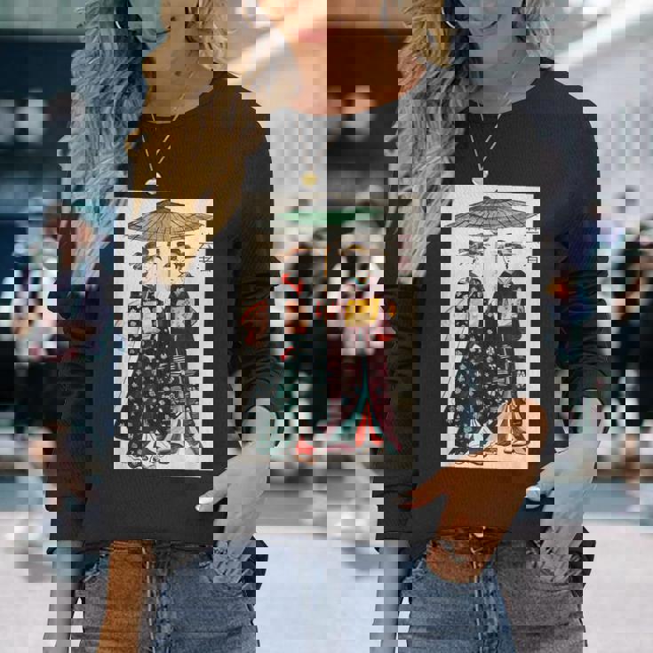 日本の伝統芸者 絵画 アート 水彩 お土産 長袖Tシャツ 彼女への贈り物