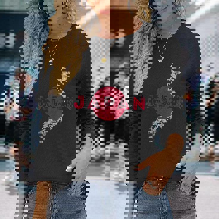 日本の地図と旗 日本のお土産 長袖Tシャツ 彼女への贈り物