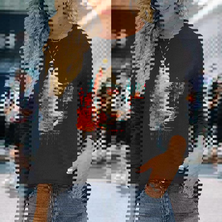 日本スピッツ 犬 モチーフ ペット 幾何学 日本スピッツ 長袖Tシャツ 彼女への贈り物