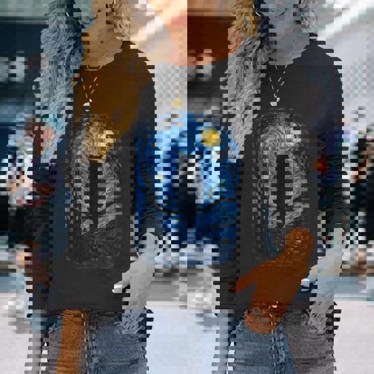 星月フクロウの夜のアートワーク 長袖Tシャツ 彼女への贈り物