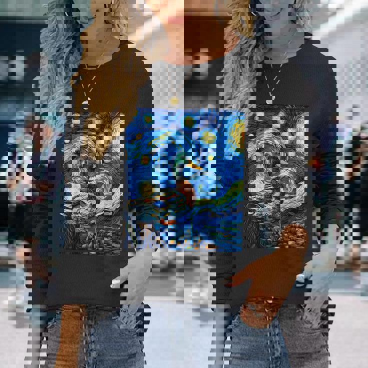 星空の下のアヒル アート グラフィック 誕生日 クリスマス 長袖Tシャツ 彼女への贈り物