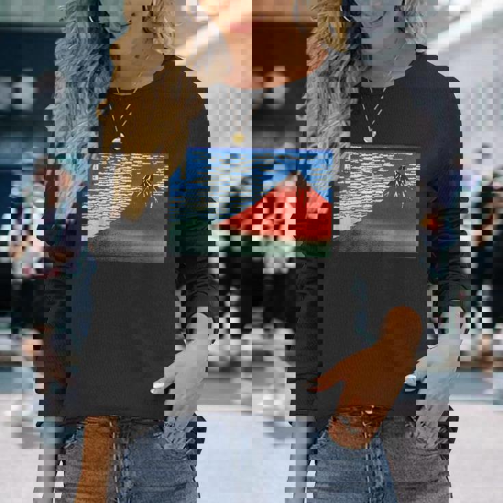 晴天の赤富士山 日本風景アートプリント 長袖Tシャツ 彼女への贈り物