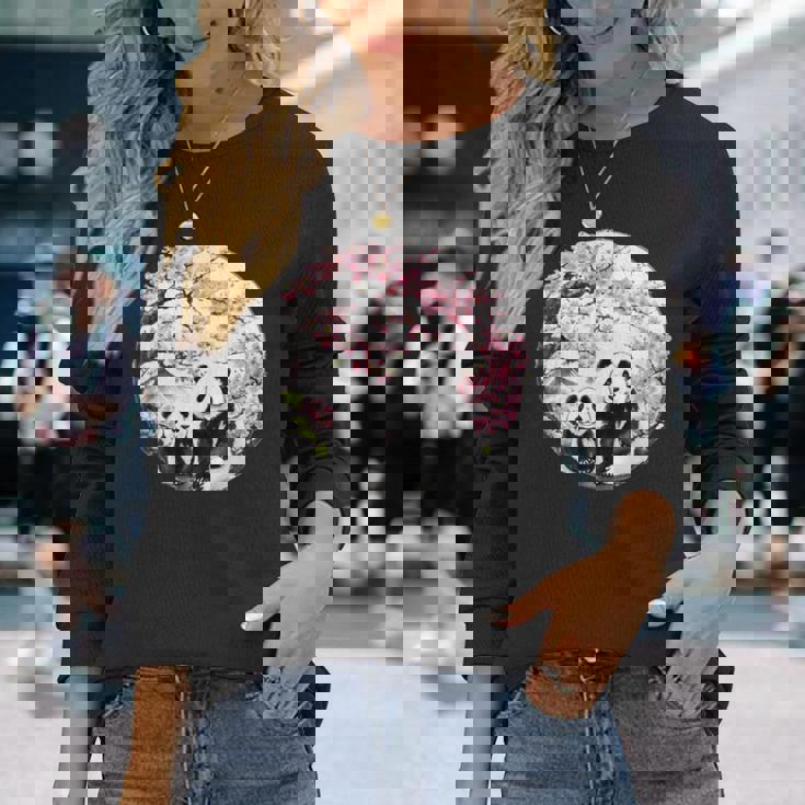 桜 パンダ お花見 親子 春 水墨画 和風 動物 長袖Tシャツ 彼女への贈り物