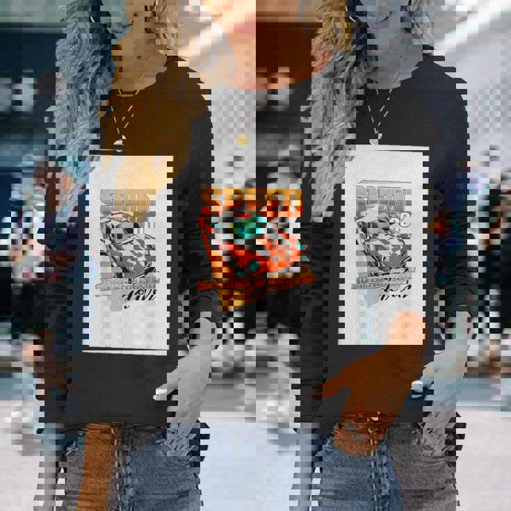 楽しいクールなレーシングカーイラスト 長袖Tシャツ 彼女への贈り物