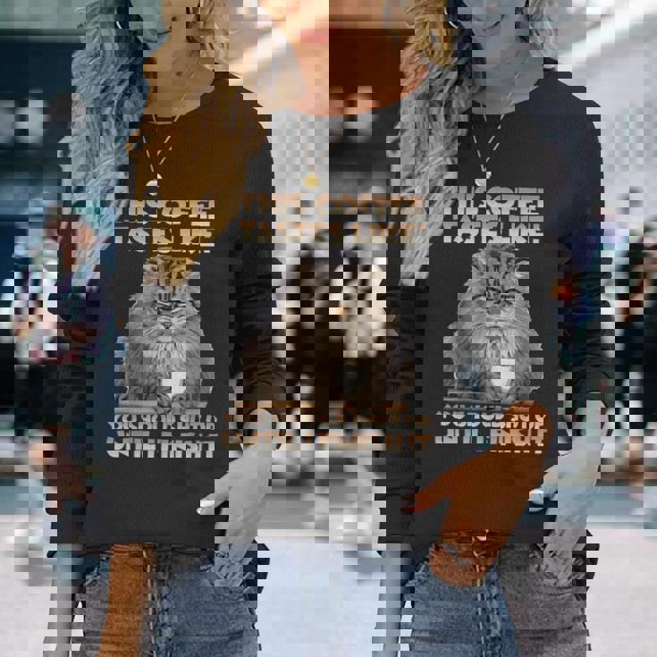 猫朝のイライラとコーヒー愛好家向け T パラス猫 長袖Tシャツ 彼女への贈り物