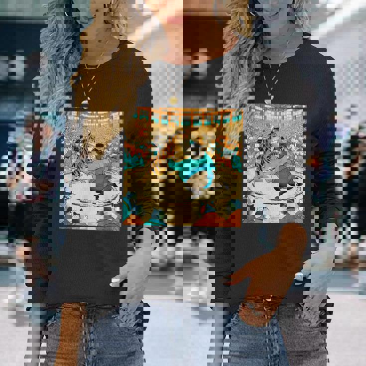 猫 ネコ 相撲 面白いtシャツ 文字入り メンズ おもしろ 面白い 服 おもしろグッズ ネタ 力士 浮世絵 長袖Tシャツ 彼女への贈り物