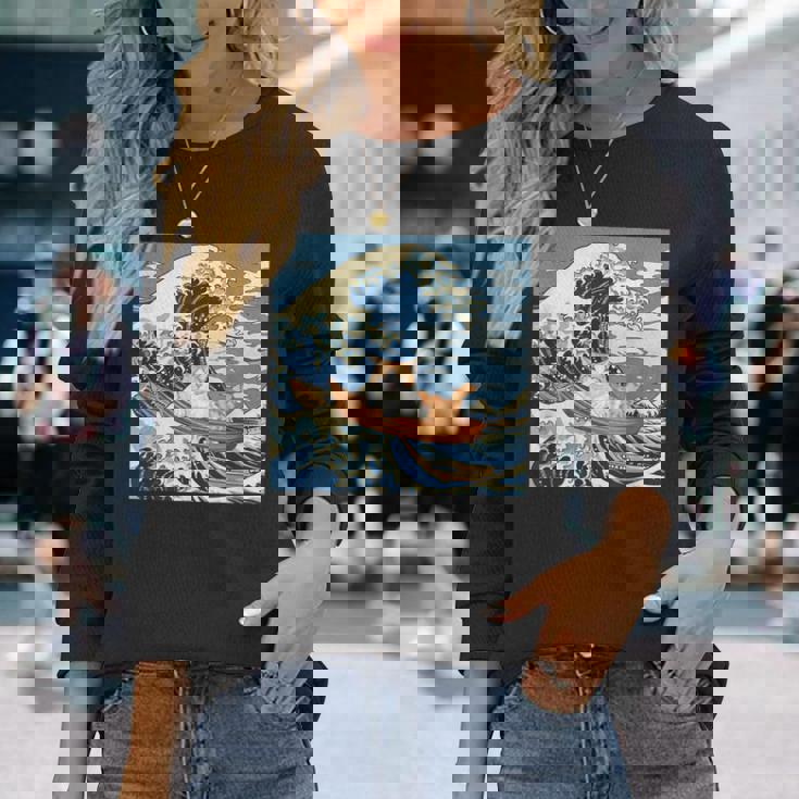 猫 葛飾北斎 神奈川沖浪裏 ネタ 冗談 ギャグ かわいい 長袖Tシャツ 彼女への贈り物