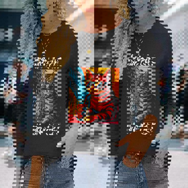 猫のために働いています レトロビーチスタイル猫 面白い 長袖Tシャツ 彼女への贈り物