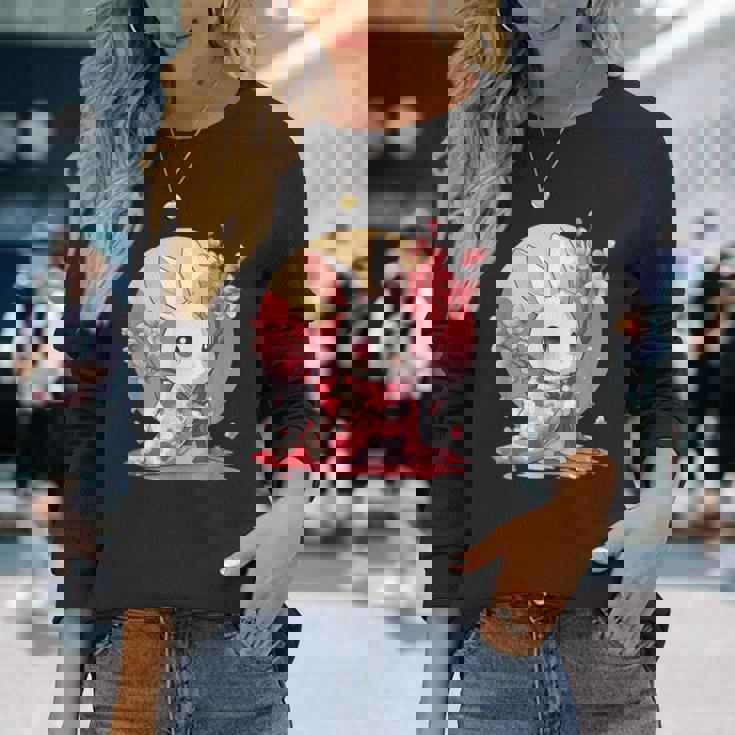 白うさぎの春のさくらアドベンチャー 長袖Tシャツ 彼女への贈り物