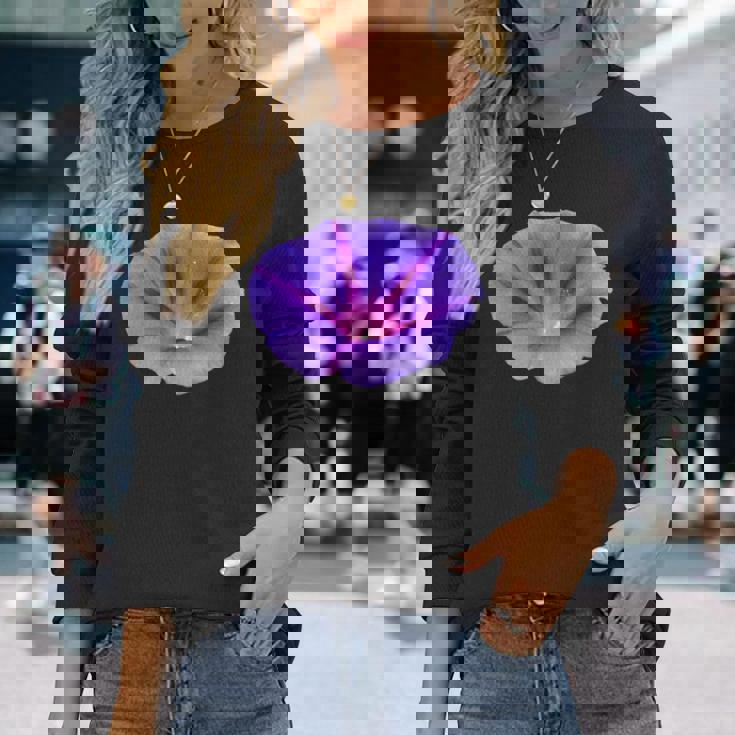 美しいパープルカラーの朝顔フラワーカットアウト 長袖Tシャツ 彼女への贈り物