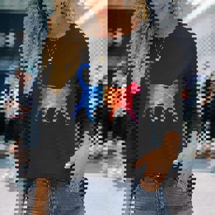 美的シルエット芸術的水彩猫 長袖Tシャツ 彼女への贈り物