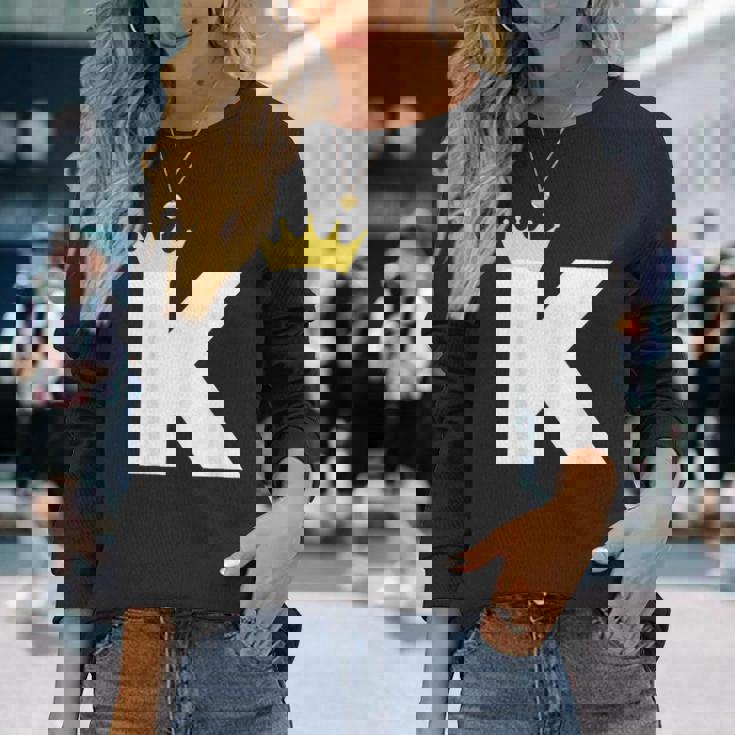 英文字 K 大文字 アルファベット モノグラム イニシャル キング クイーン クラウン 長袖Tシャツ 彼女への贈り物