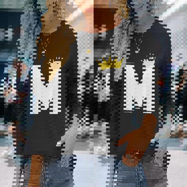 英文字 M 大文字 アルファベット モノグラム イニシャル キング クイーン クラウン 長袖Tシャツ 彼女への贈り物