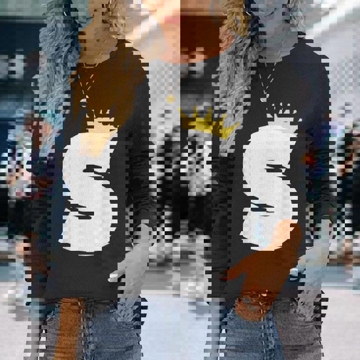 英文字 大文字 アルファベット モノグラム イニシャル キング クイーン クラウン 長袖Tシャツ 彼女への贈り物