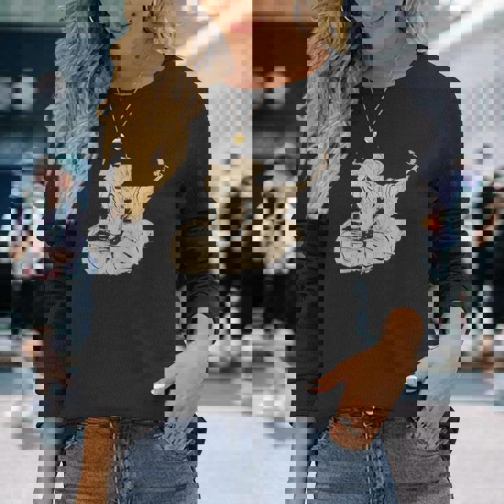 葛飾北斎作 三味線と座る女 長袖Tシャツ 彼女への贈り物