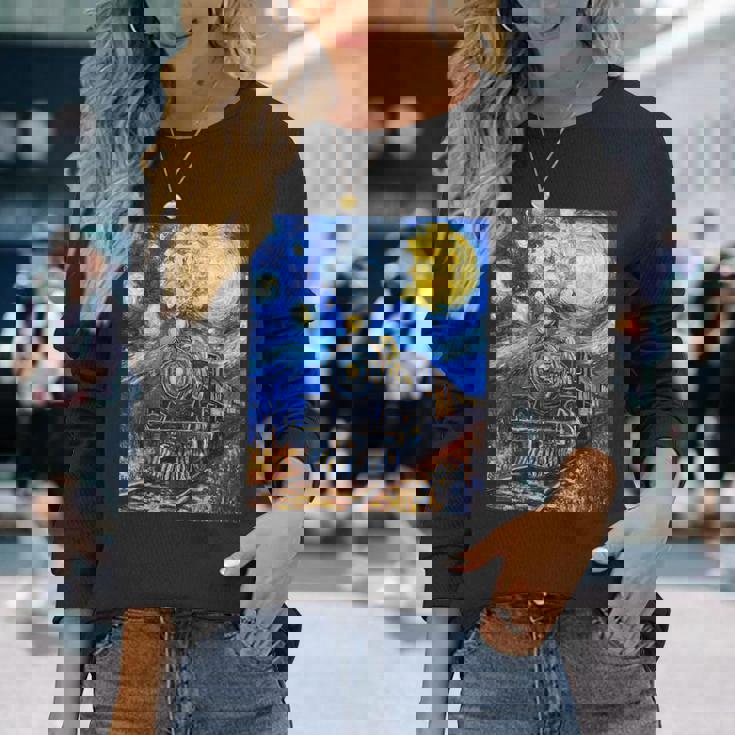 蒸気機関 蒸気機関車 ヴィンテージ ゴッホ 機関車 列車 長袖Tシャツ 彼女への贈り物