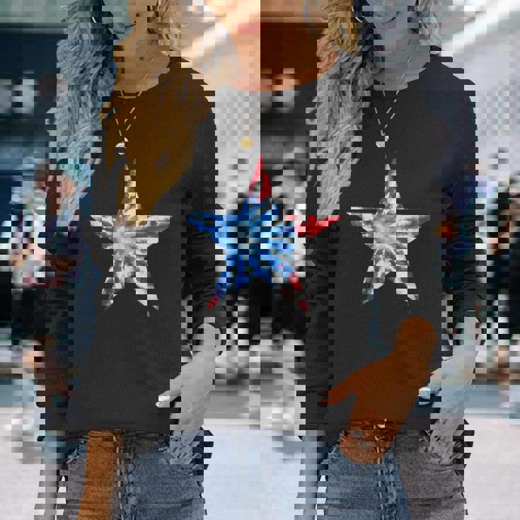 赤白と青 タイダイ 星 長袖Tシャツ 彼女への贈り物