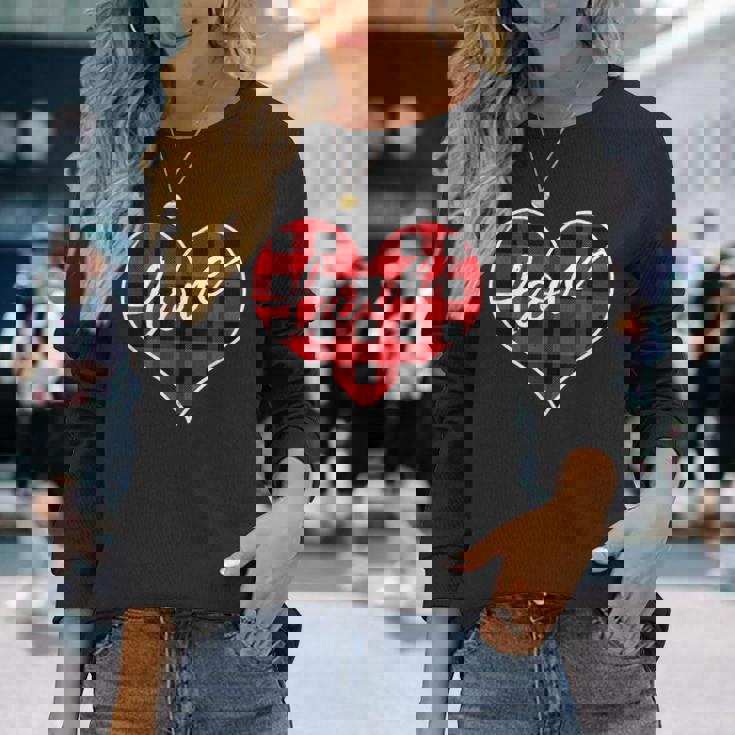 赤黒チェックハート「Love」 長袖Tシャツ 彼女への贈り物